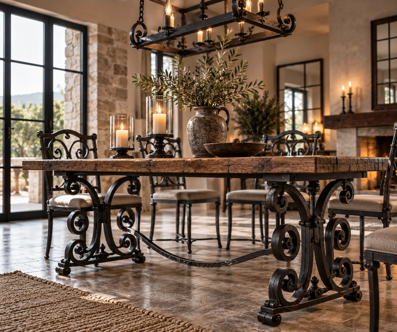 Comedor con mesa de forja, lampara de arana de hierro y bodega acristalada