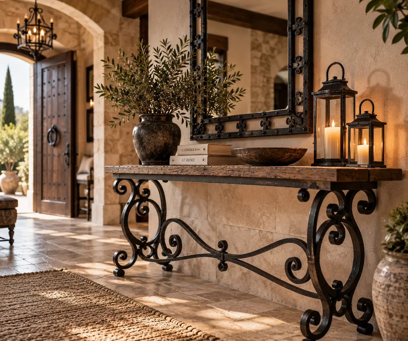 Consola de forja en un recibidor con espejo, candelabros y arco de piedra