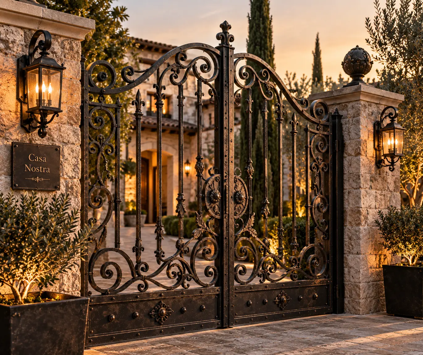 Gran verja y puerta de forja artesanal en la entrada de una vivienda, iluminada al atardecer