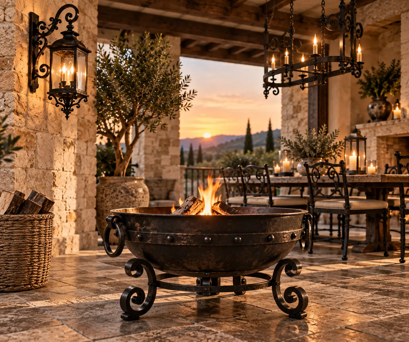 Brasero de forja artesanal en una terraza exterior al atardecer