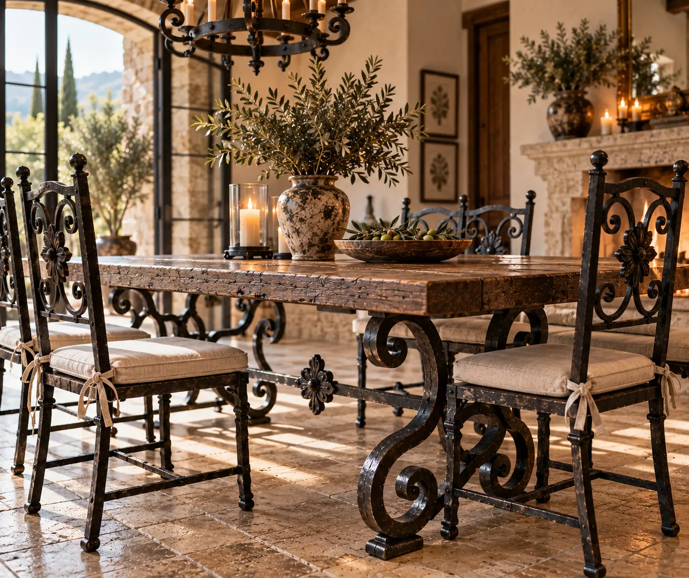 Mesa de comedor de forja artesanal con sillas y lampara de hierro