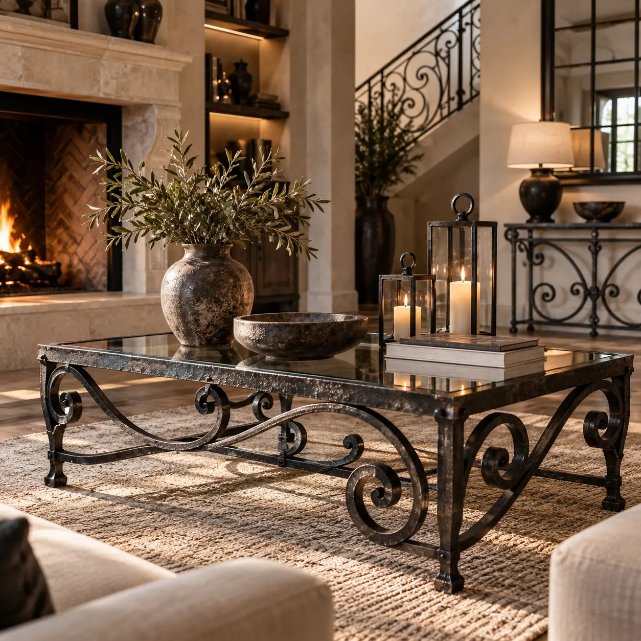 Mesa de centro con estructura de hierro forjado en un salon con chimenea