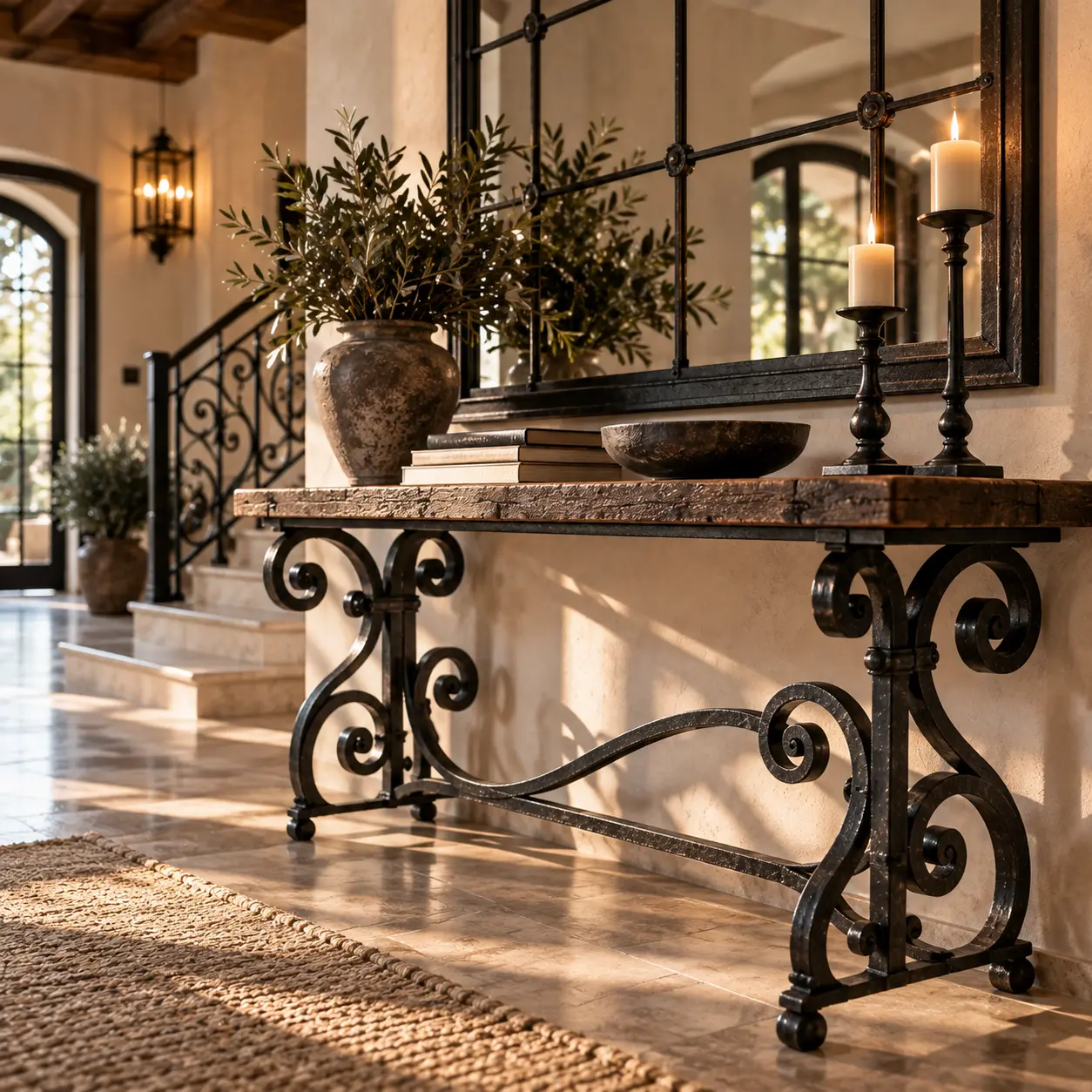 Consola de entrada con patas de forja artesanal, espejo y candelabros